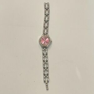 Limited Too Womens Pink Dial Crystal Bezel Silver Tone Link Quartz Watch 27290